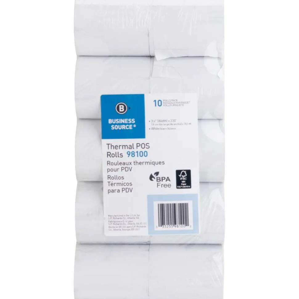 Business Source 3-1/8"x230' POS Receipt Thermal Rolls, 3 1/8" x 230 ft, 48 g/m² Grammage, White, 10-Pack