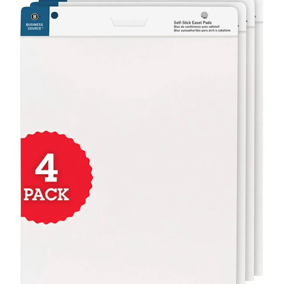 Business Source 25"x30" Self-stick Easel Pads - 30 Sheets - Plain - 25" x 30" Sheet Size - White Paper - Cardboard Cover - Self-stick - 4 / Carton