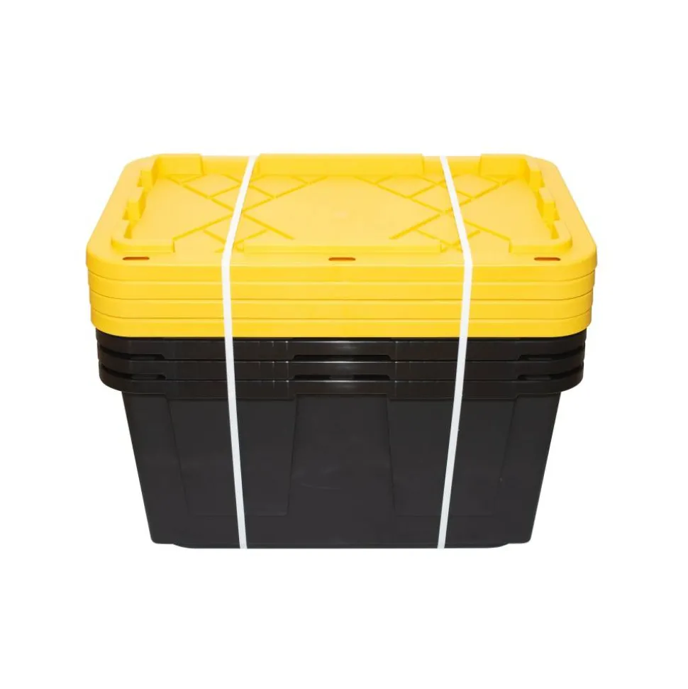 by GreenMade Professional Storage Tote With Handles/Snap Lid, 27 Gallon, 30-1/10" x 20-1/4" x 14-3/4", Black/Yellow, Pack Of 4