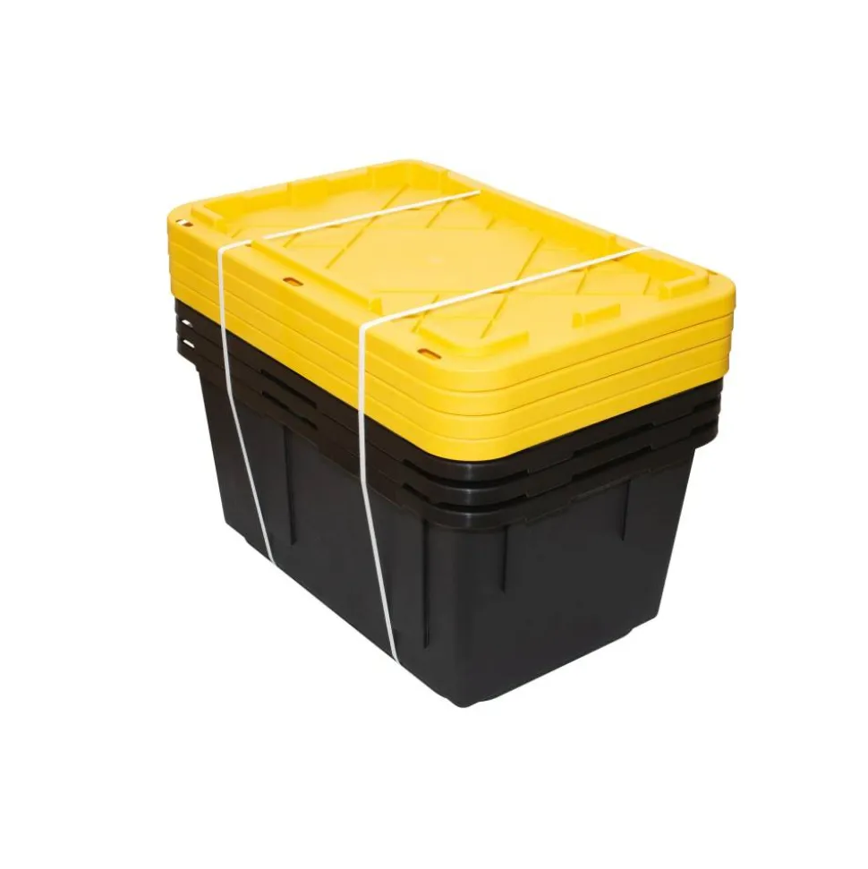 by GreenMade Professional Storage Tote With Handles/Snap Lid, 27 Gallon, 30-1/10" x 20-1/4" x 14-3/4", Black/Yellow, Pack Of 4