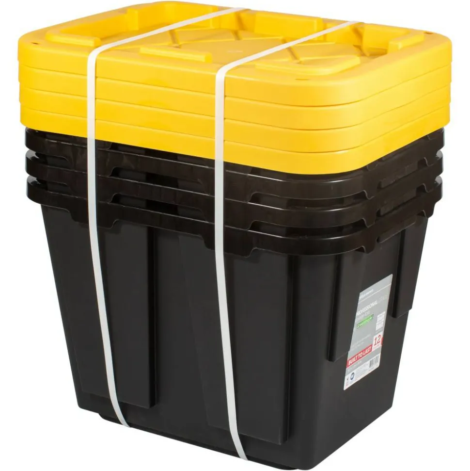 by Greenmade Professional Storage Totes, 12-Gallon, Black/Yellow, Pack Of 4 Totes