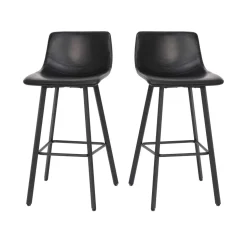 Caleb Modern Armless 30 Inch Bar Height Commercial Grade Barstools with Footrests in Black LeatherSoft and Black Matte Iron Frames, Set of 2