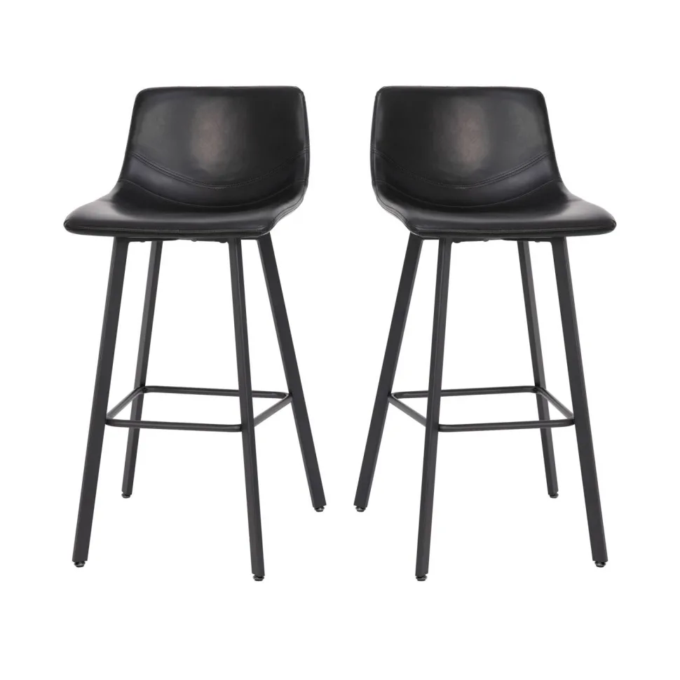 Caleb Modern Armless 30 Inch Bar Height Commercial Grade Barstools with Footrests in Black LeatherSoft and Black Matte Iron Frames, Set of 2