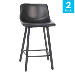 Caleb Modern Armless 24 Inch Counter Height Stools Commercial Grade with Footrests in Black LeatherSoft and Black Matte Metal Frames, Set of 2