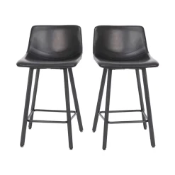 Caleb Modern Armless 24 Inch Counter Height Stools Commercial Grade with Footrests in Black LeatherSoft and Black Matte Metal Frames, Set of 2