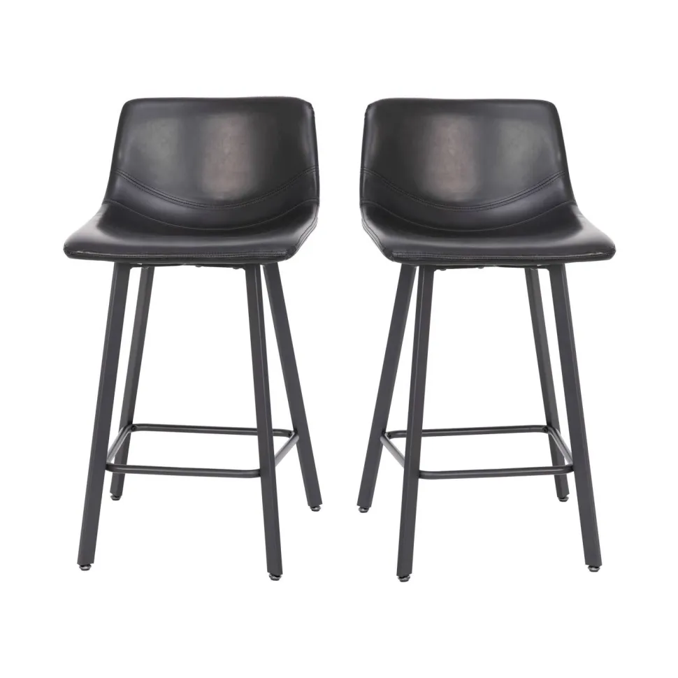 Caleb Modern Armless 24 Inch Counter Height Stools Commercial Grade with Footrests in Black LeatherSoft and Black Matte Metal Frames, Set of 2