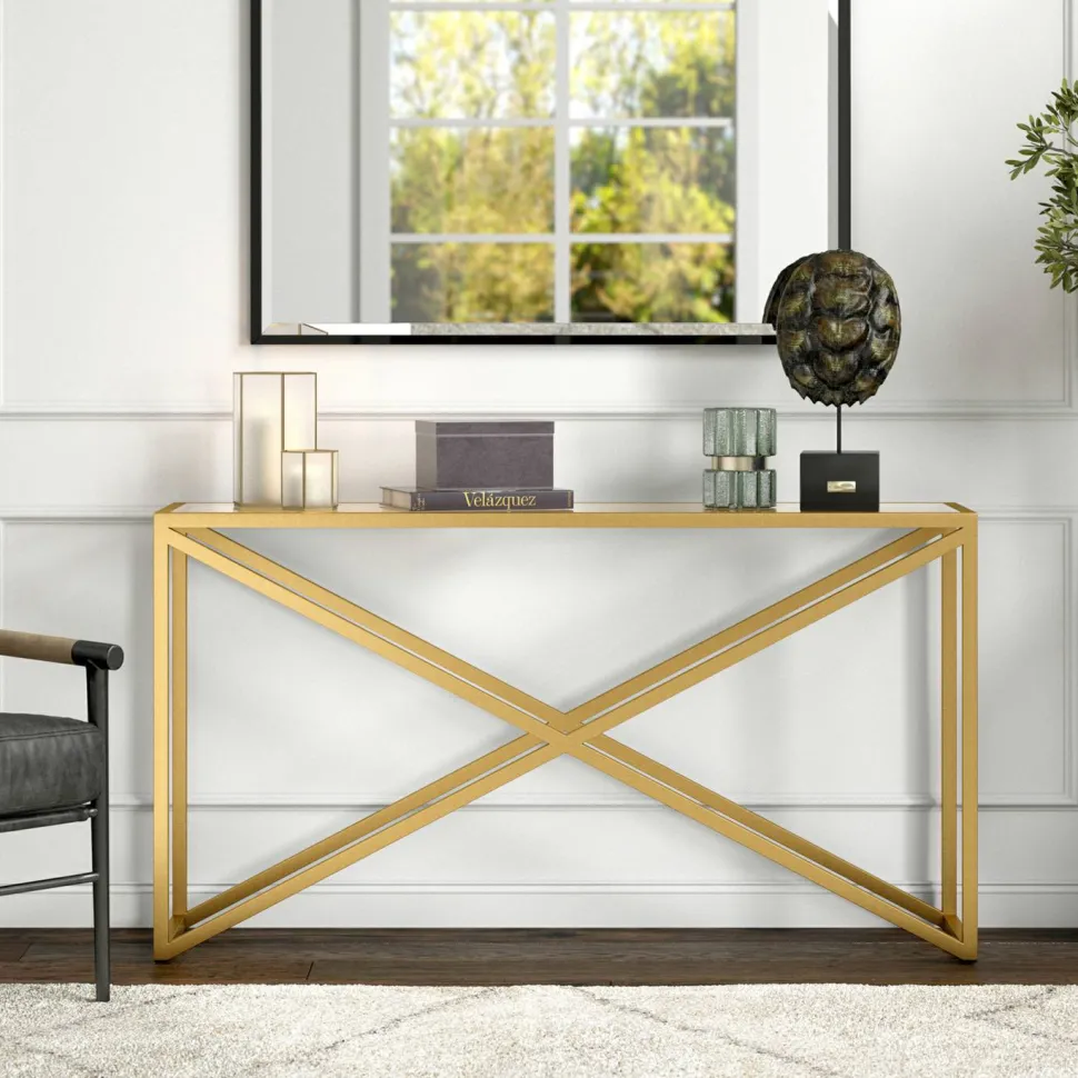 Calix 55" Wide Rectangular Console Table in Brass