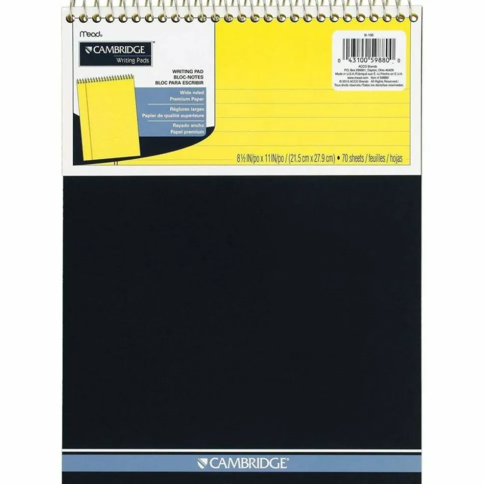 Cambridge Stiff-Back Wire Bound Notebook, 8-1/2" x 11-3/4", Legal Ruled, 70 Sheets, Canary/Blue