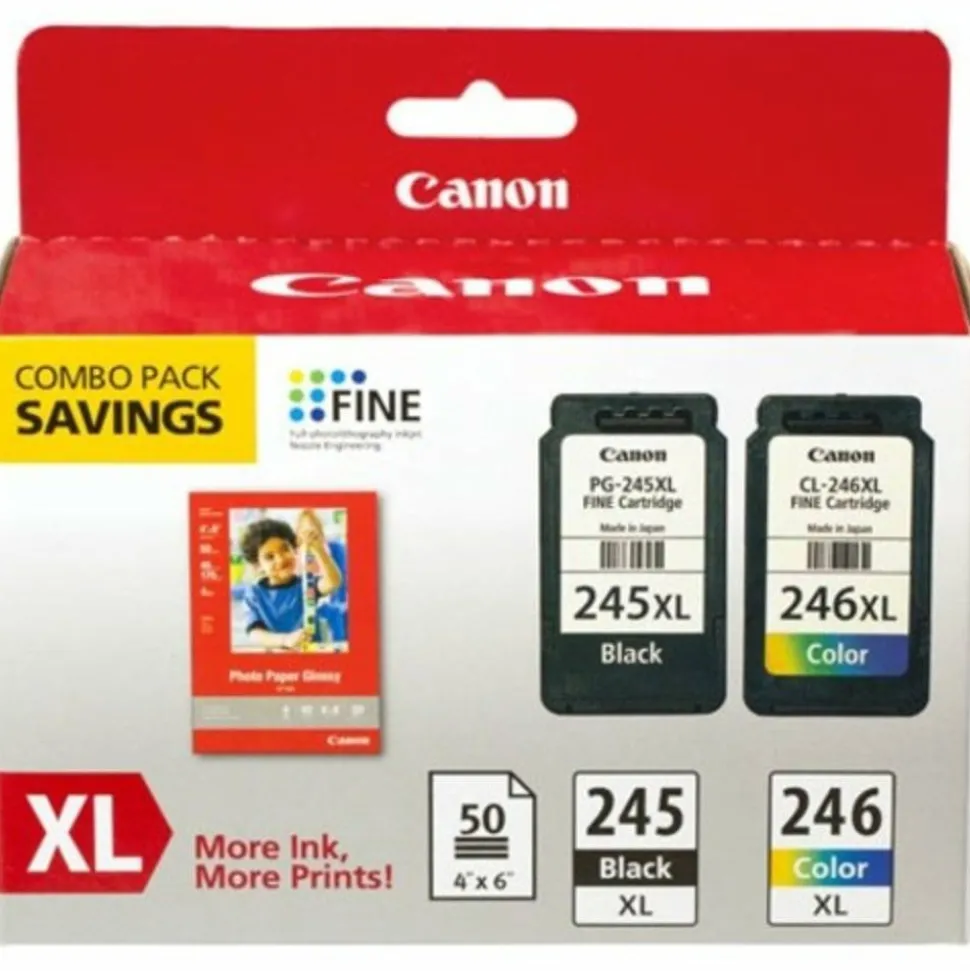 Canon PG-245XL Black/CL-246XL Tri-Color High-Yield Ink Cartridges And Paper, Pack Of 2, 8278B005