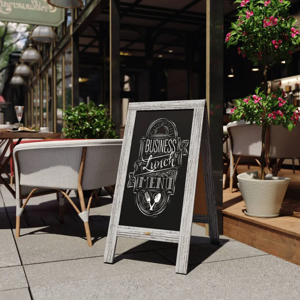 Canterbury 40" x 20" Graywashed Wooden Indoor/Outdoor A-Frame Magnetic Chalkboard Sign Set with 8 Chalk Markers, 10 Stencils, 2 Magnets, and Eraser