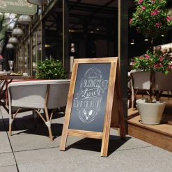 Canterbury 40" x 20" Rustic Brown Wooden Indoor/Outdoor A-Frame Magnetic Chalkboard Sign Set with 8 Chalk Markers, 10 Stencils, 2 Magnets, and Eraser