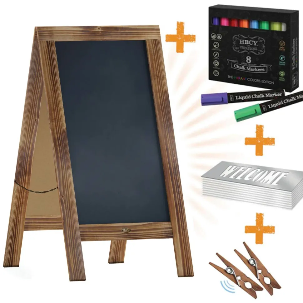 Canterbury 40" x 20" Rustic Brown Wooden Indoor/Outdoor A-Frame Magnetic Chalkboard Sign Set with 8 Chalk Markers, 10 Stencils, 2 Magnets, and Eraser