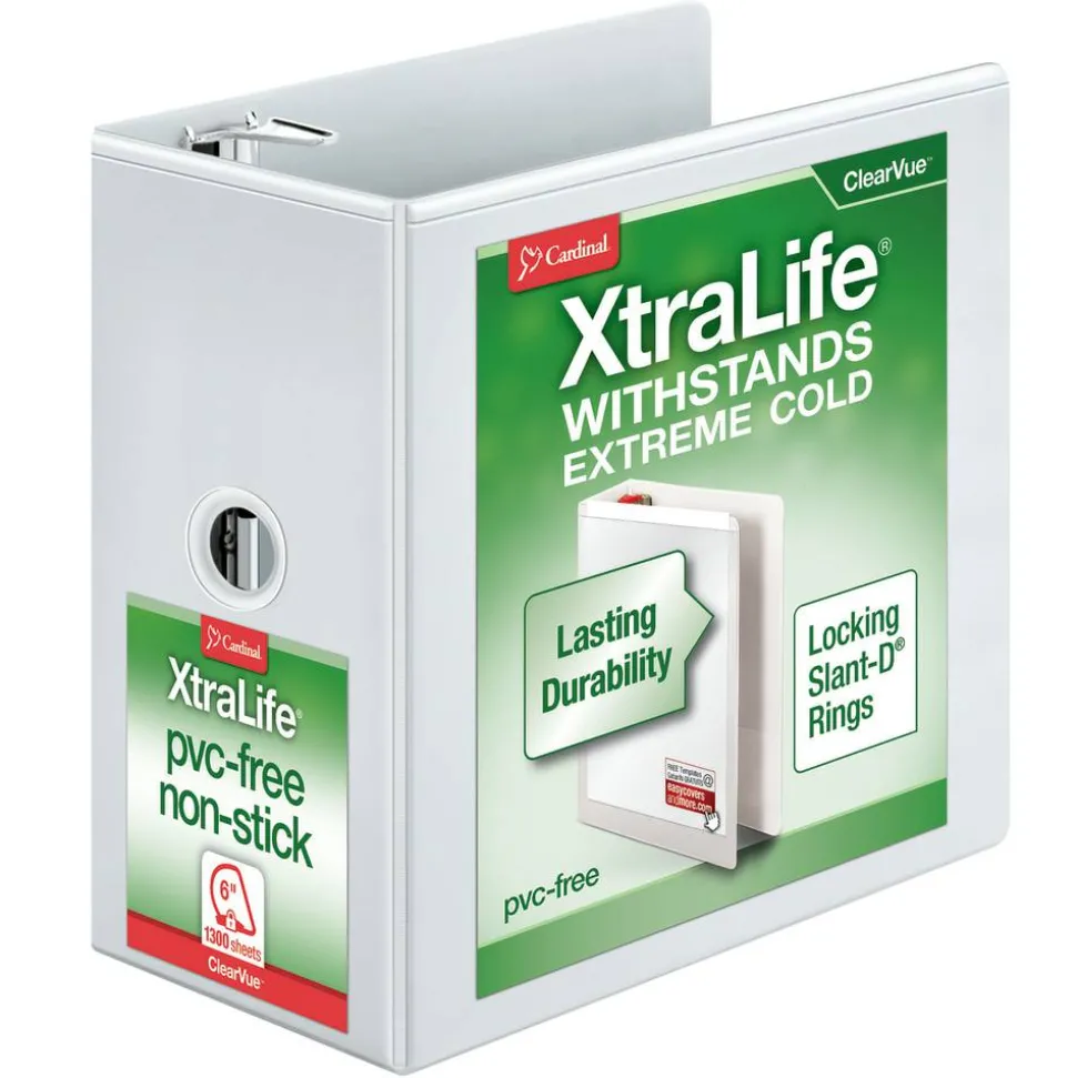 Cardinal XtraLife ClearVue Nonstick Locking Slant 3-Ring Binder, 6" D-Rings, White