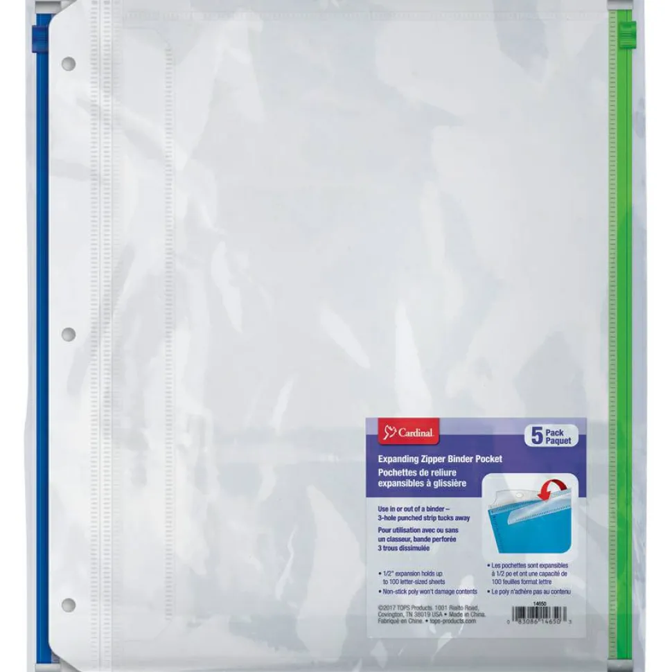 Cardinal Zipper Binder Pockets - 0.50" Maximum Capacity - 100x Sheet Capacity - 14650, 5/PK