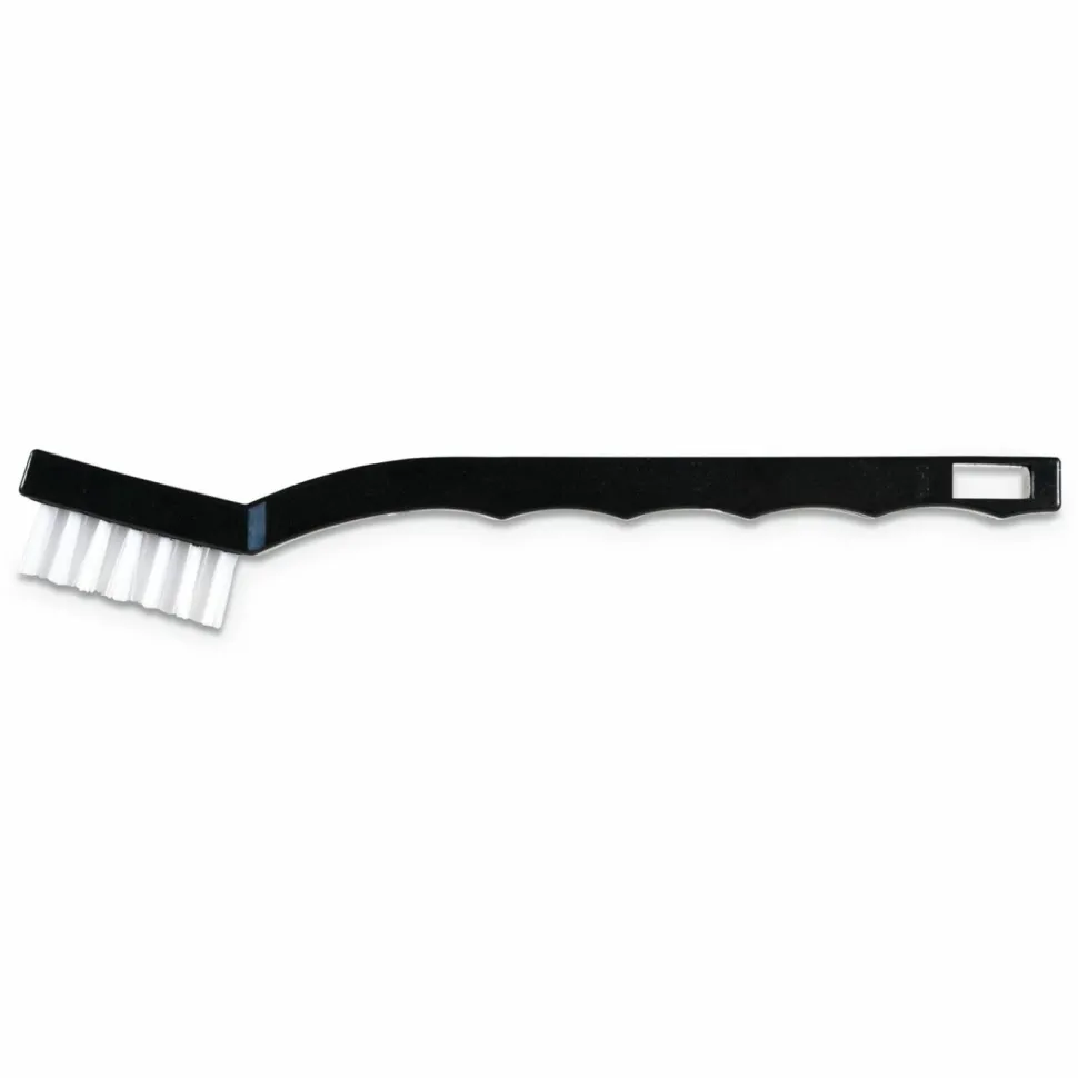 Carlisle Flo-Pac Utility Toothbrush Style Maintenance Brush, White Nylon Bristles, 7.25" Brush, 7" Black Polypropylene Handle