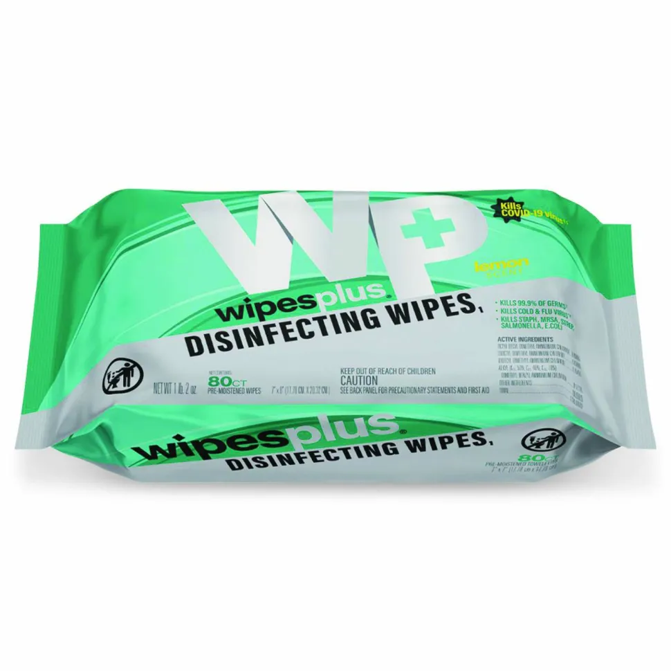 Carlisle WipesPlus Disinfecting Surface Wipes, Flat Pack, 1-Ply, 7 x 8, Lemon Scent, White