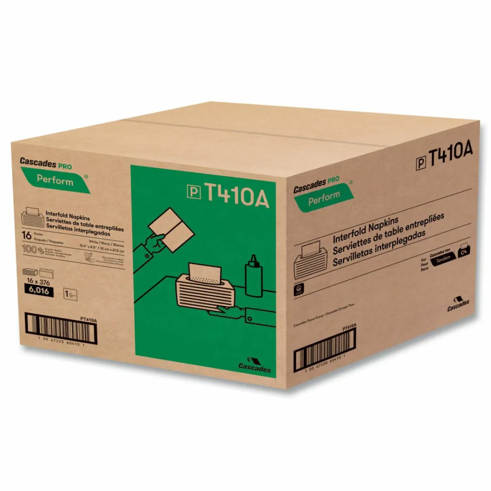 Cascades PRO Perform Interfold Napkins for Tandem, 1-Ply, White, 376 Napkins Per Sleeve, 16 Sleeve Per Pack