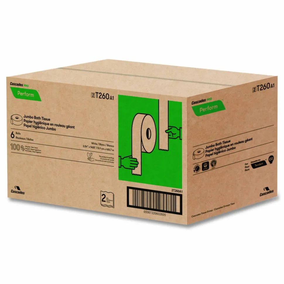 Cascades PRO Perform 100% Recycled Jumbo Toilet Paper, Pack Of 6 Rolls, for Tandem JRT Dispensers