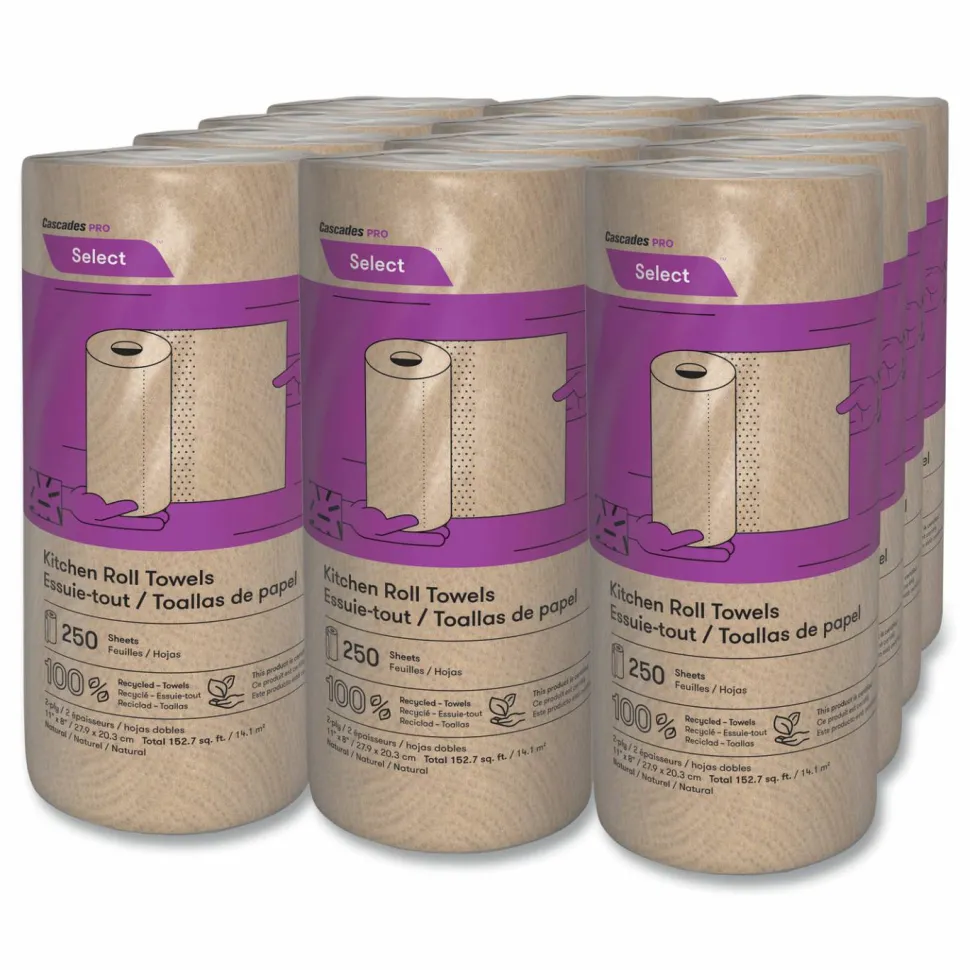 Cascades PRO Select Kitchen Roll Towels, 2-Ply, 11" x 166.6 ft, Natural, 250/Roll, 12/Carton