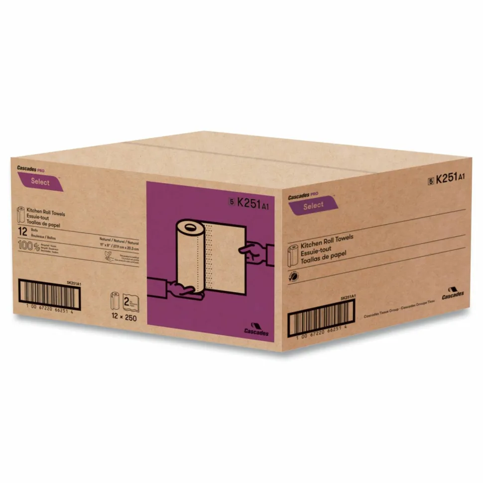 Cascades PRO Select Kitchen Roll Towels, 2-Ply, 11" x 166.6 ft, Natural, 250/Roll, 12/Carton