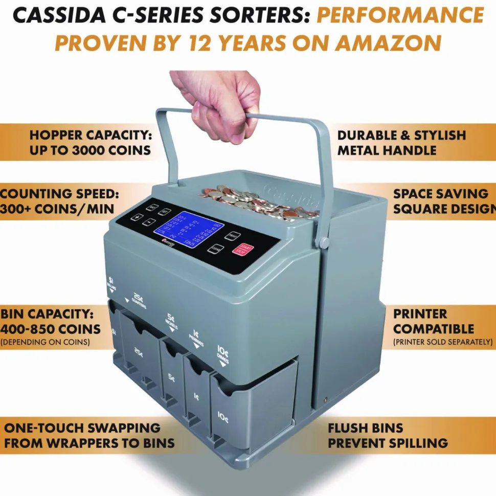Cassida C300 Series Coin Sorter/Counter for Pennies, Nickels, Dimes, Quarters and Dollars, 300 coins/min, 11" x 11" x 10", Gray