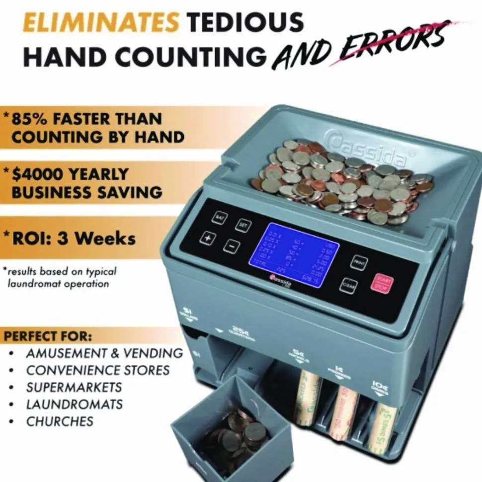 Cassida C300 Series Coin Sorter/Counter for Pennies, Nickels, Dimes, Quarters and Dollars, 300 coins/min, 11" x 11" x 10", Gray