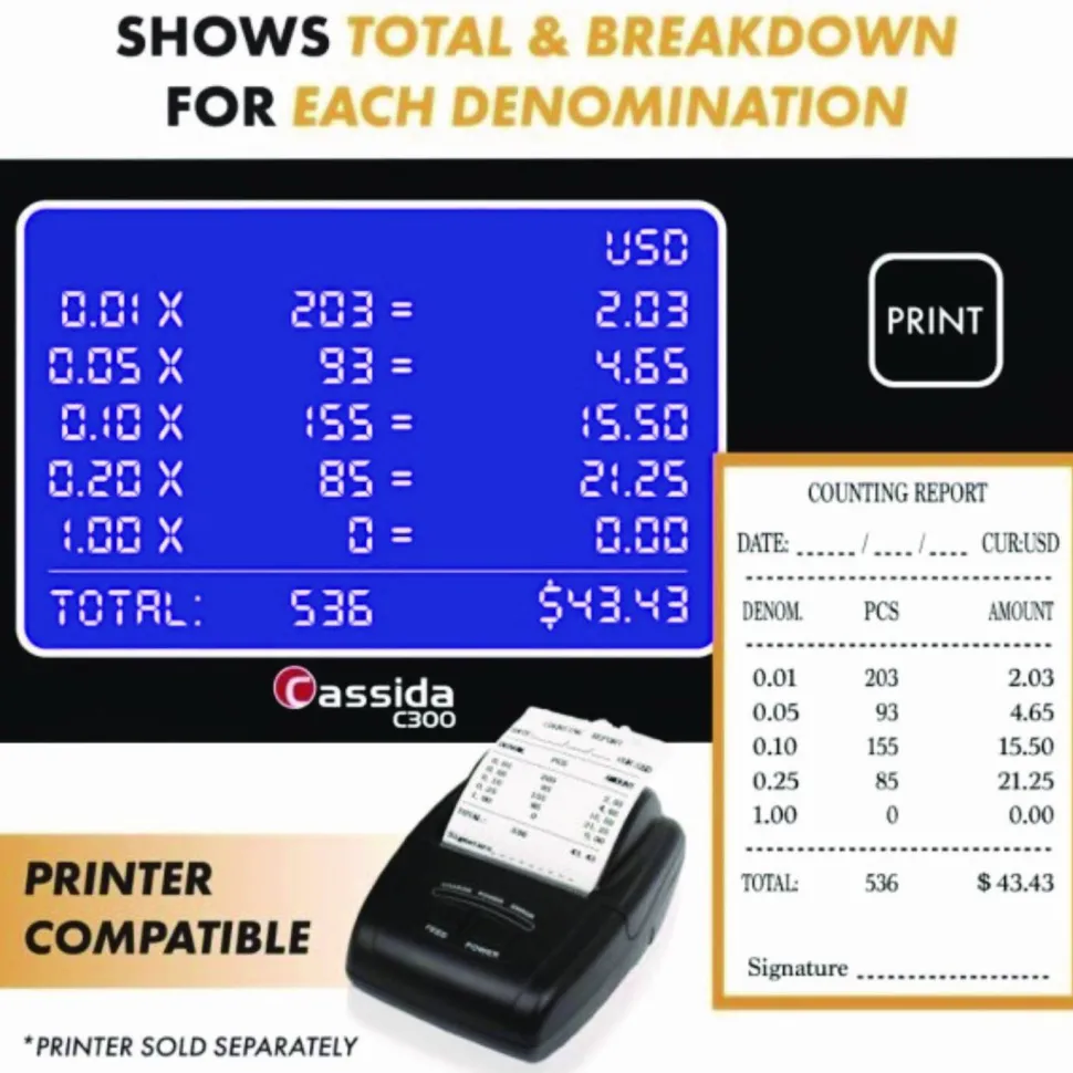 Cassida C300 Series Coin Sorter/Counter for Pennies, Nickels, Dimes, Quarters and Dollars, 300 coins/min, 11" x 11" x 10", Gray