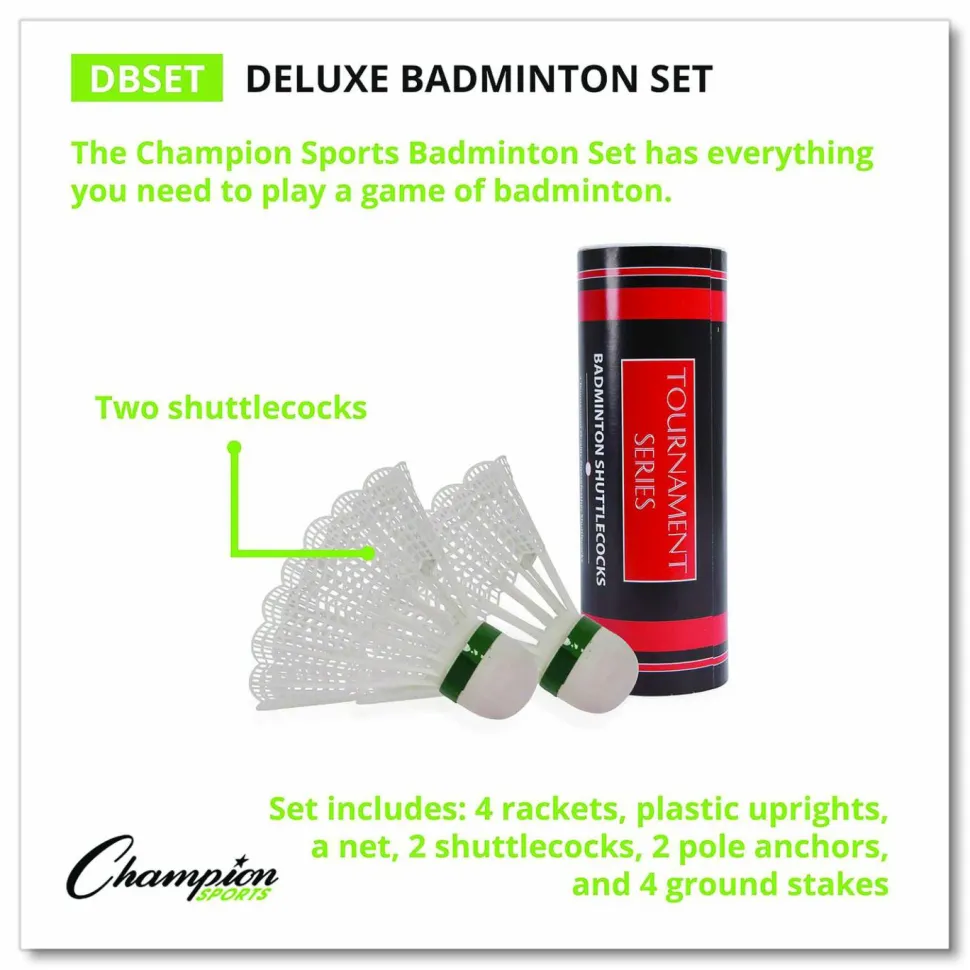 Champion Sports Deluxe Badminton Set, 20 ft Net with 4 Rackets, 2 Shuttlecocks