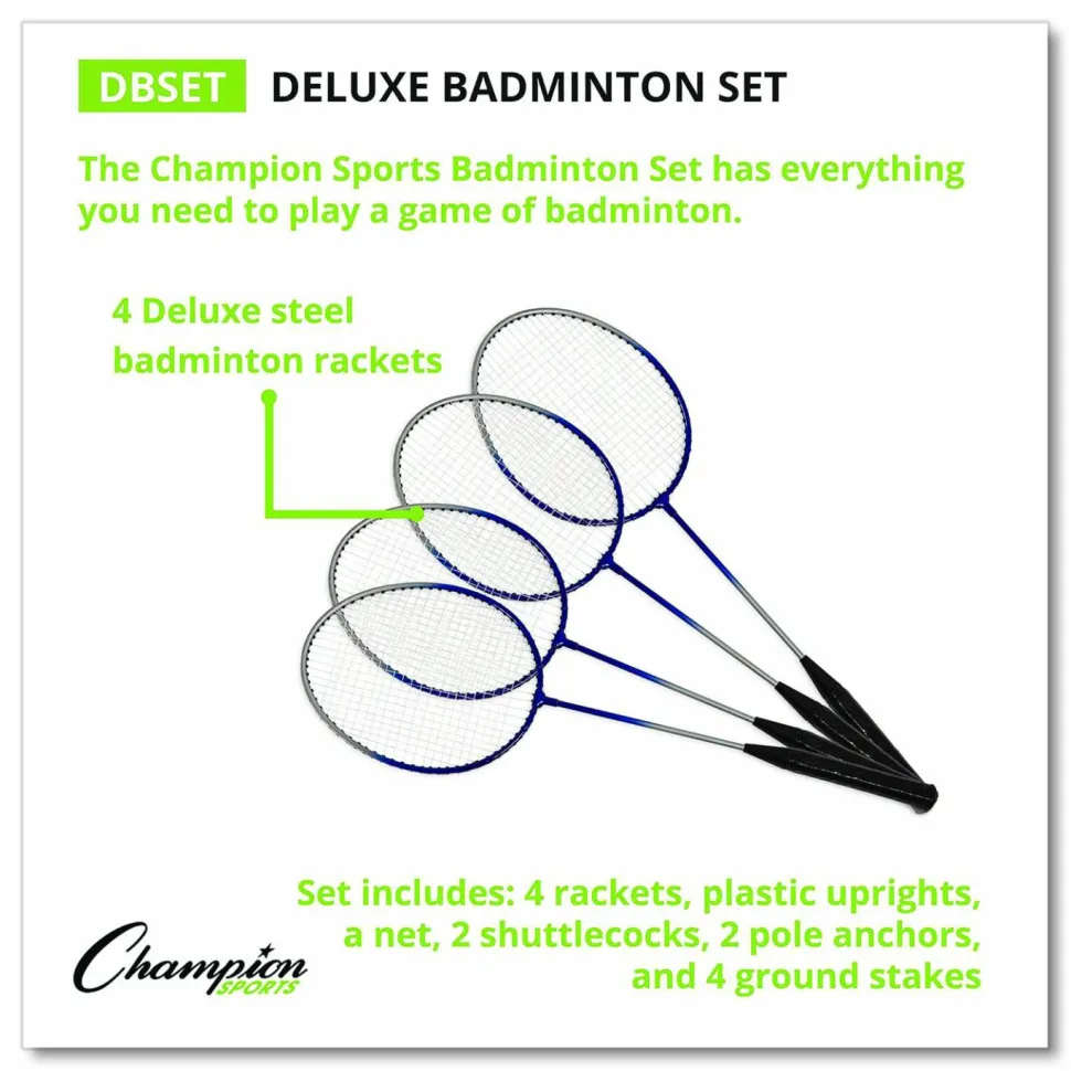 Champion Sports Deluxe Badminton Set, 20 ft Net with 4 Rackets, 2 Shuttlecocks