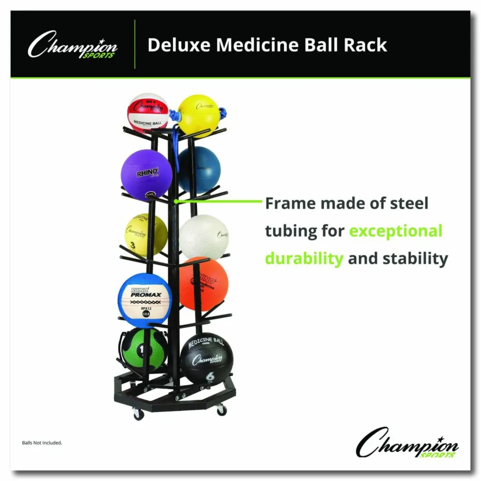 Champion Sports Deluxe Five-Row Mobile Medicine Ball Rack, Metal, 198 lb Capacity, 25" x 25" x 56", Black