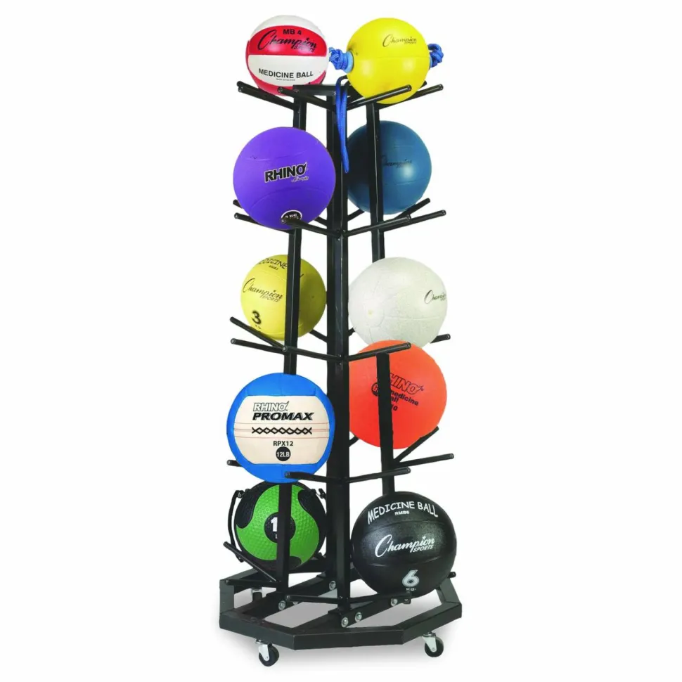 Champion Sports Deluxe Five-Row Mobile Medicine Ball Rack, Metal, 198 lb Capacity, 25" x 25" x 56", Black
