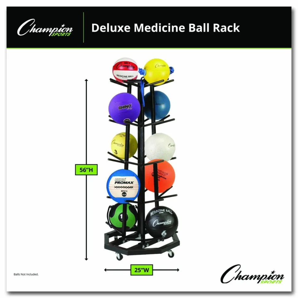Champion Sports Deluxe Five-Row Mobile Medicine Ball Rack, Metal, 198 lb Capacity, 25" x 25" x 56", Black