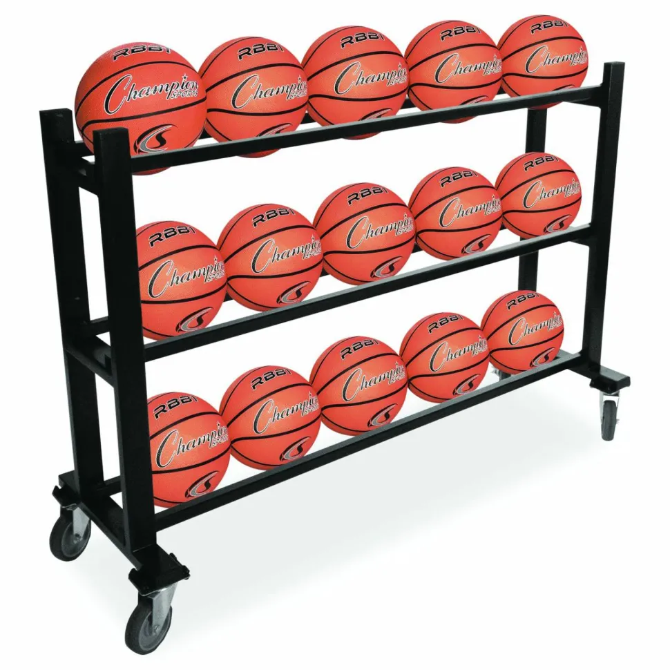 Champion Sports Deluxe Heavy-Duty Basketball Cart, Metal, 220 lb Capacity, 16 x 50.75 x 34.75, Black