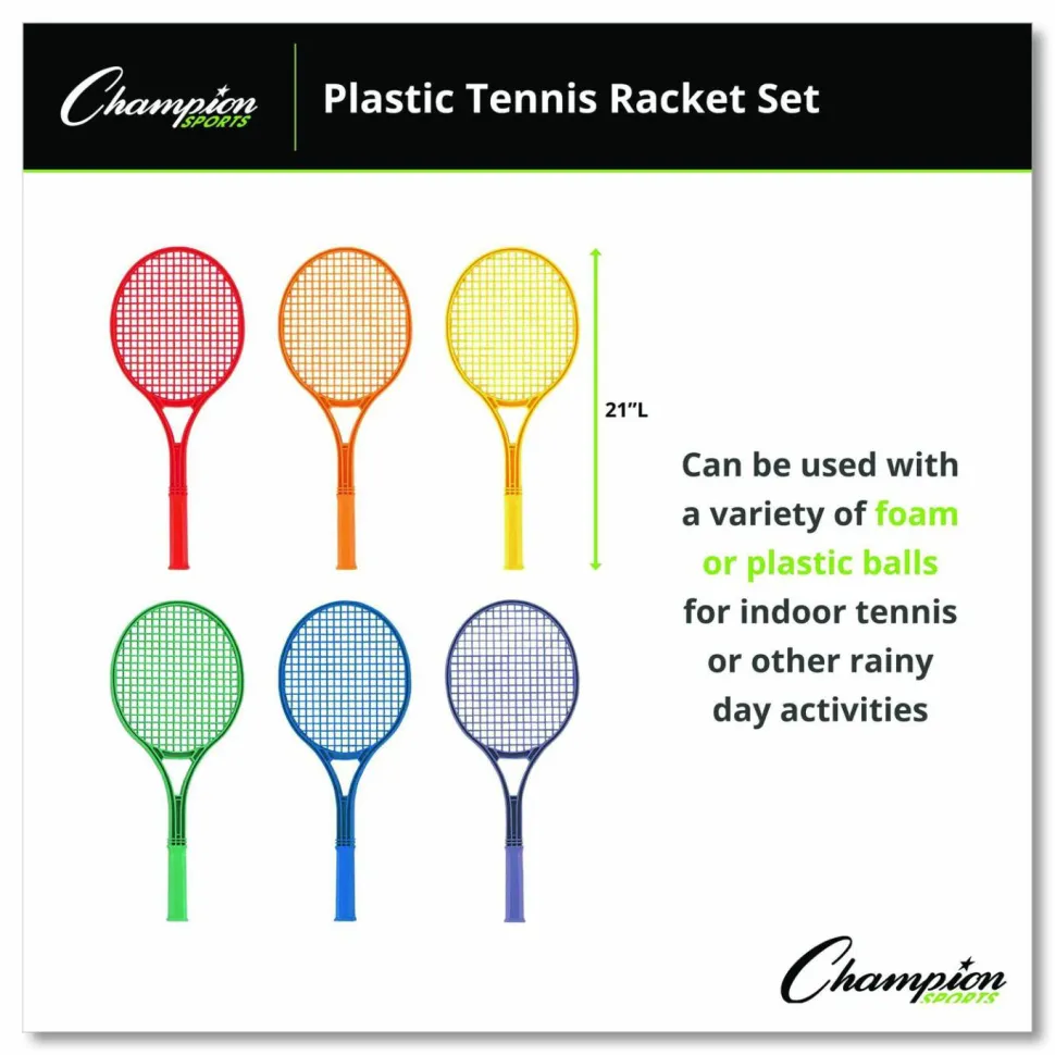 Champion Sports Plastic Tennis Racket Set, Six 21" Rackets, Assorted Colors