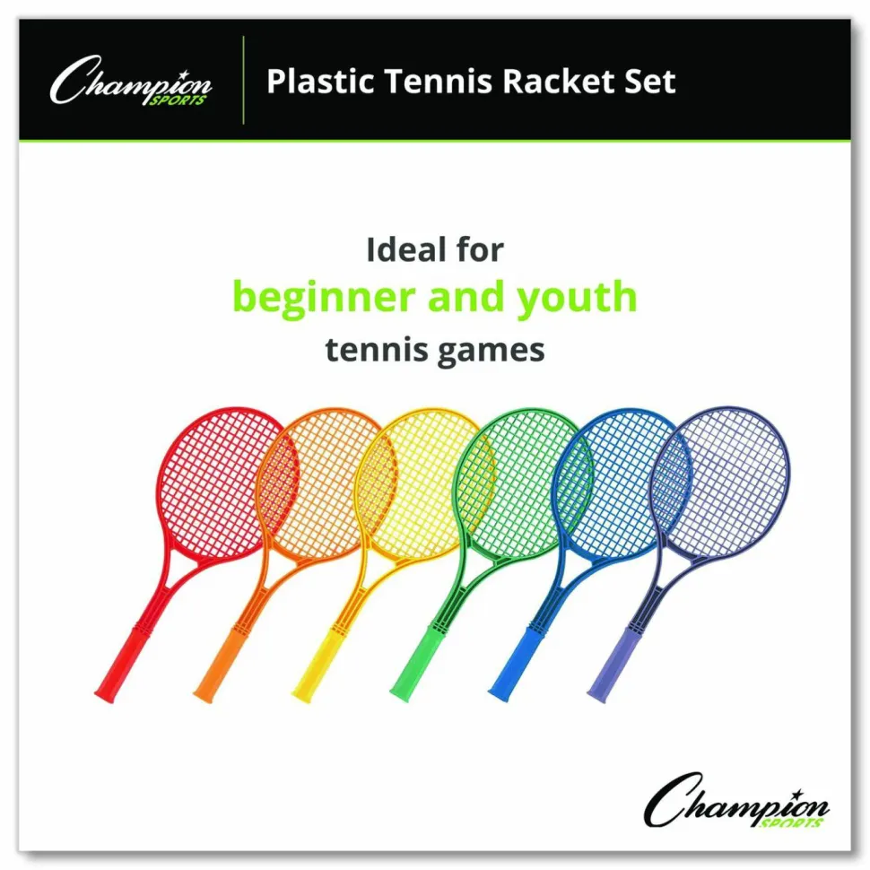 Champion Sports Plastic Tennis Racket Set, Six 21" Rackets, Assorted Colors