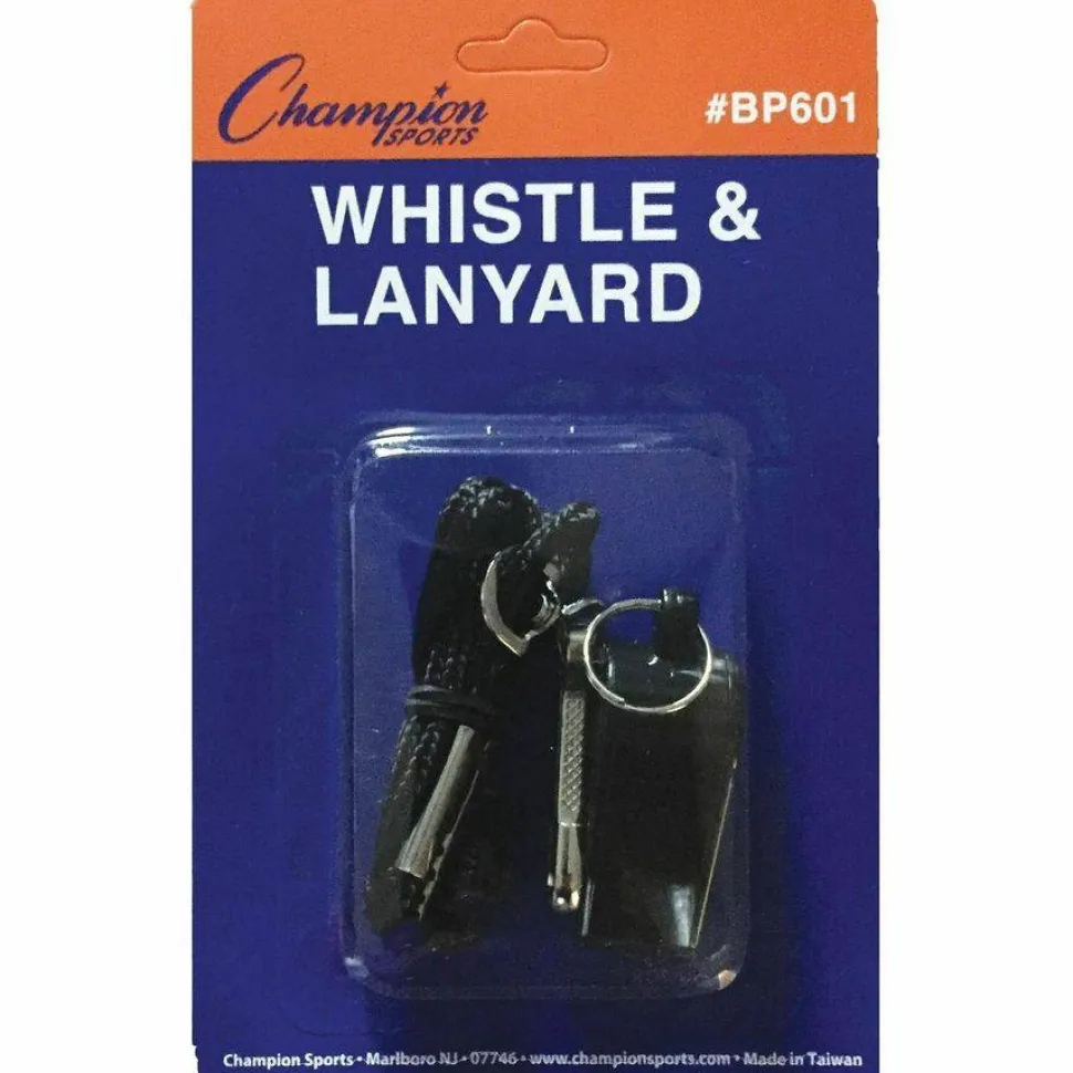 Champion Sports Sports Whistle with Black Nylon Lanyard, Plastic, Black, Dozen