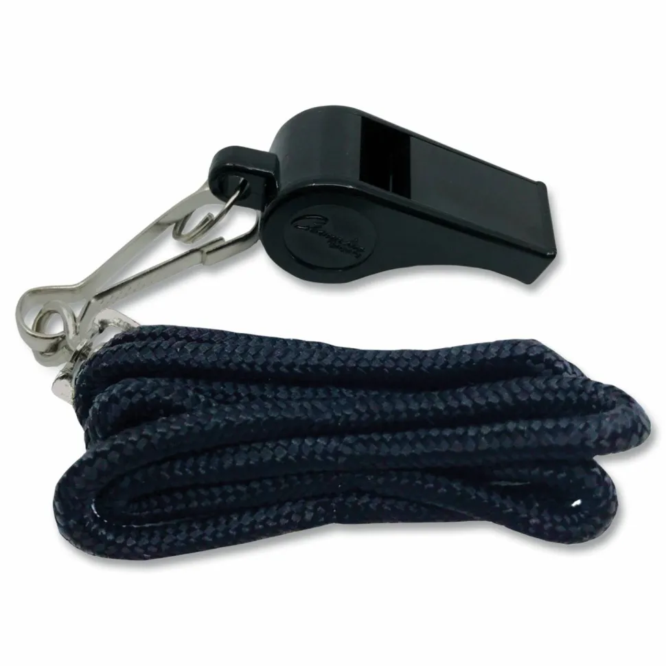Champion Sports Sports Whistle with Black Nylon Lanyard, Plastic, Black, Dozen