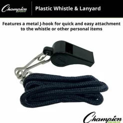 Champion Sports Sports Whistle with Black Nylon Lanyard, Plastic, Black, Dozen