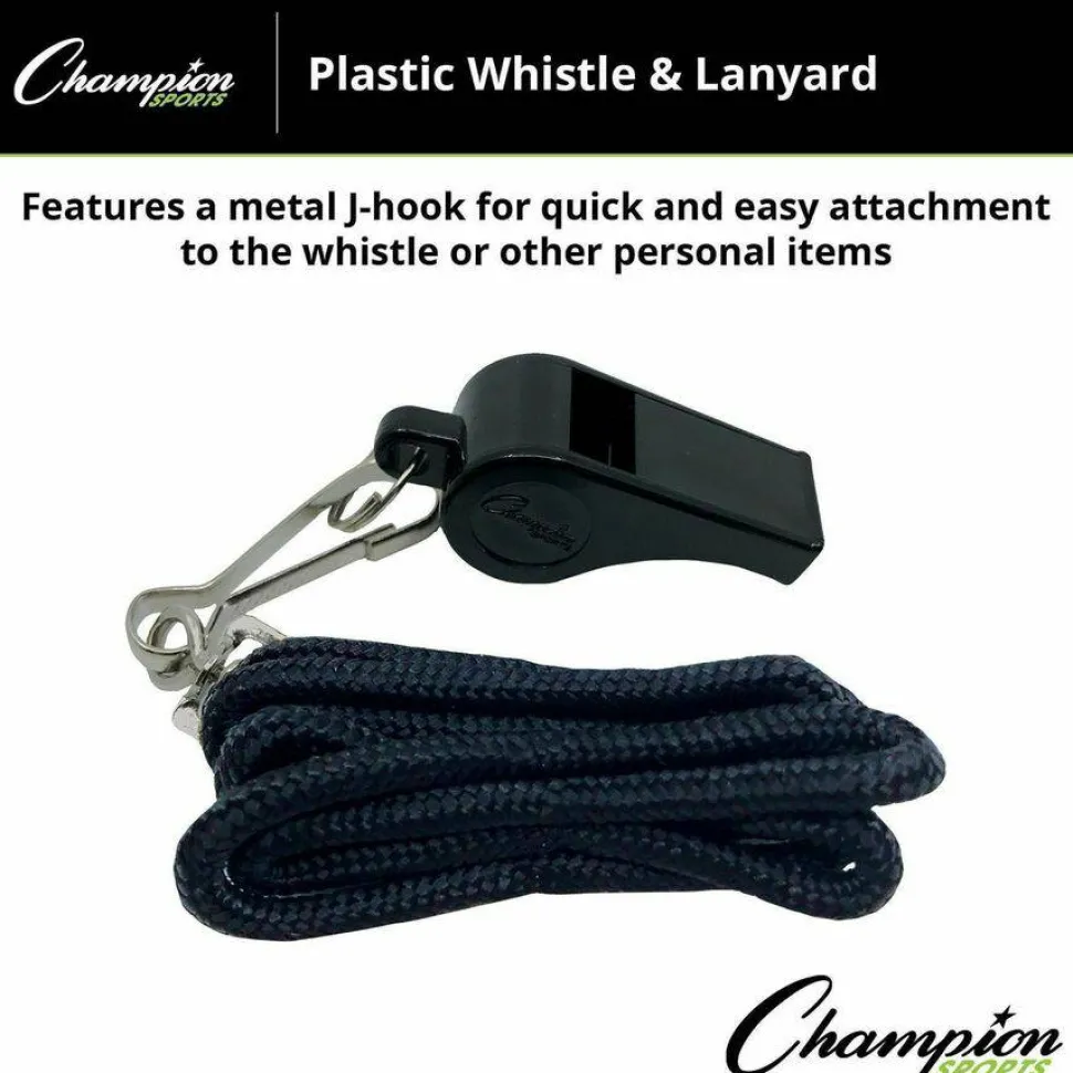 Champion Sports Sports Whistle with Black Nylon Lanyard, Plastic, Black, Dozen