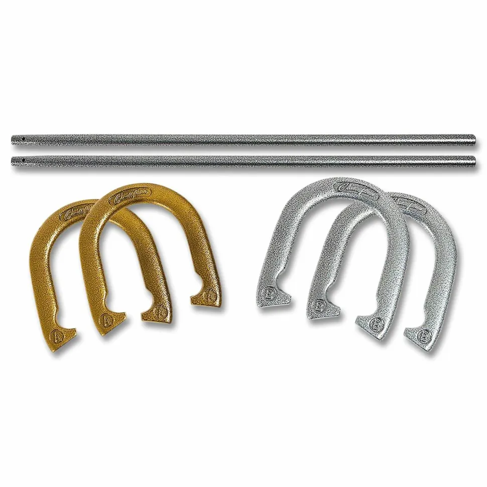 Champion Sports Steel Horseshoe Set, (4) Horseshoes/(2) 24" Stakes/Nylon Carry Bag