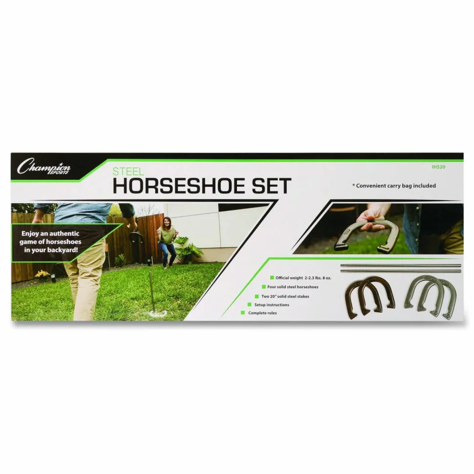 Champion Sports Steel Horseshoe Set, (4) Horseshoes/(2) 20" Stakes/Nylon Carry Bag