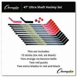Champion Sports Ultra Shaft Hockey Set, Twelve 47' Hockey Sticks/Two Pucks/Two Balls/Two Extra Blades