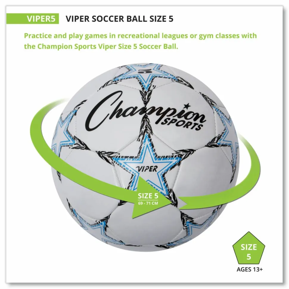 Champion Sports VIPER Soccer Ball, No. 5. Size, 8.5" to 9" Diameter, White