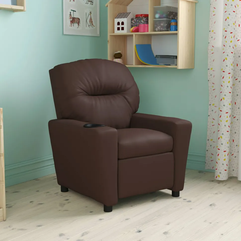 Chandler Contemporary Brown LeatherSoft Kids Recliner with Cup Holder