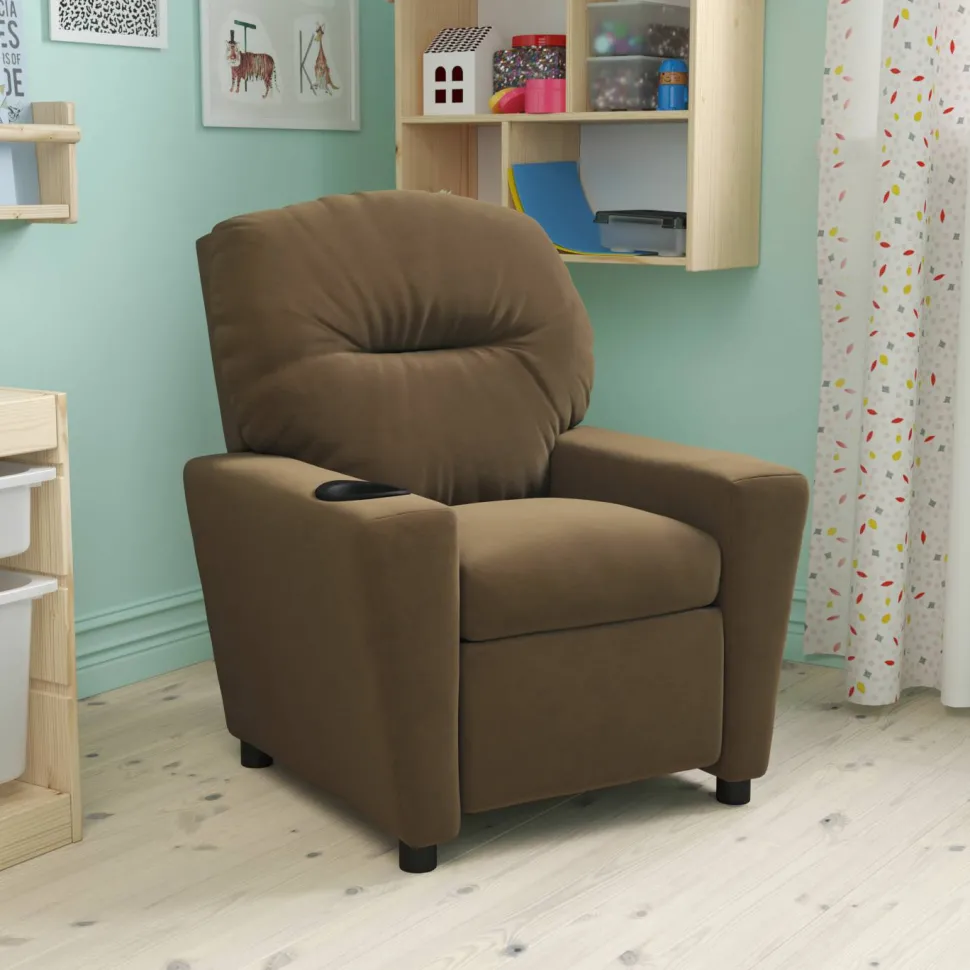Chandler Contemporary Brown Microfiber Kids Recliner with Cup Holder