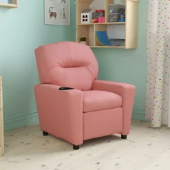 Chandler Contemporary Pink Vinyl Kids Recliner with Cup Holder