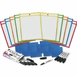 Charles Leonard Dry Erase Pocket Class Pack, Heavy-Duty, Side Load 9 x 12 Insert, Clear Front, Assorted Border Colors, 10/Pack
