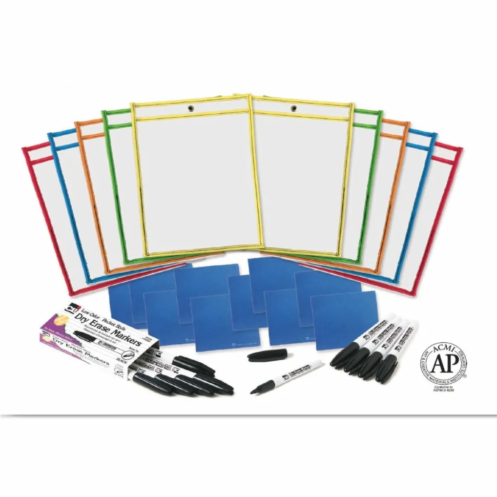 Charles Leonard Dry Erase Pocket Class Pack, Heavy-Duty, Side Load 9 x 12 Insert, Clear Front, Assorted Border Colors, 10/Pack