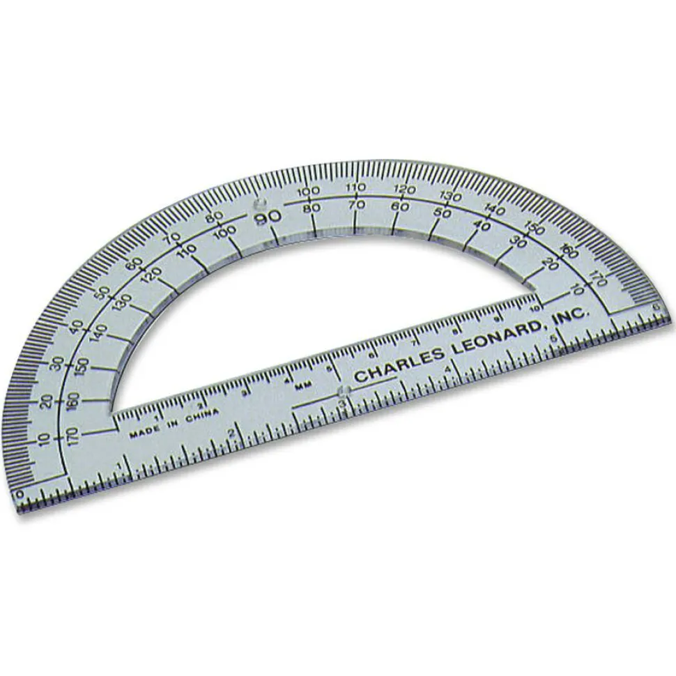 Charles Leonard Open Center Protractor, Plastic, 6" Ruler Edge, Clear, Dozen