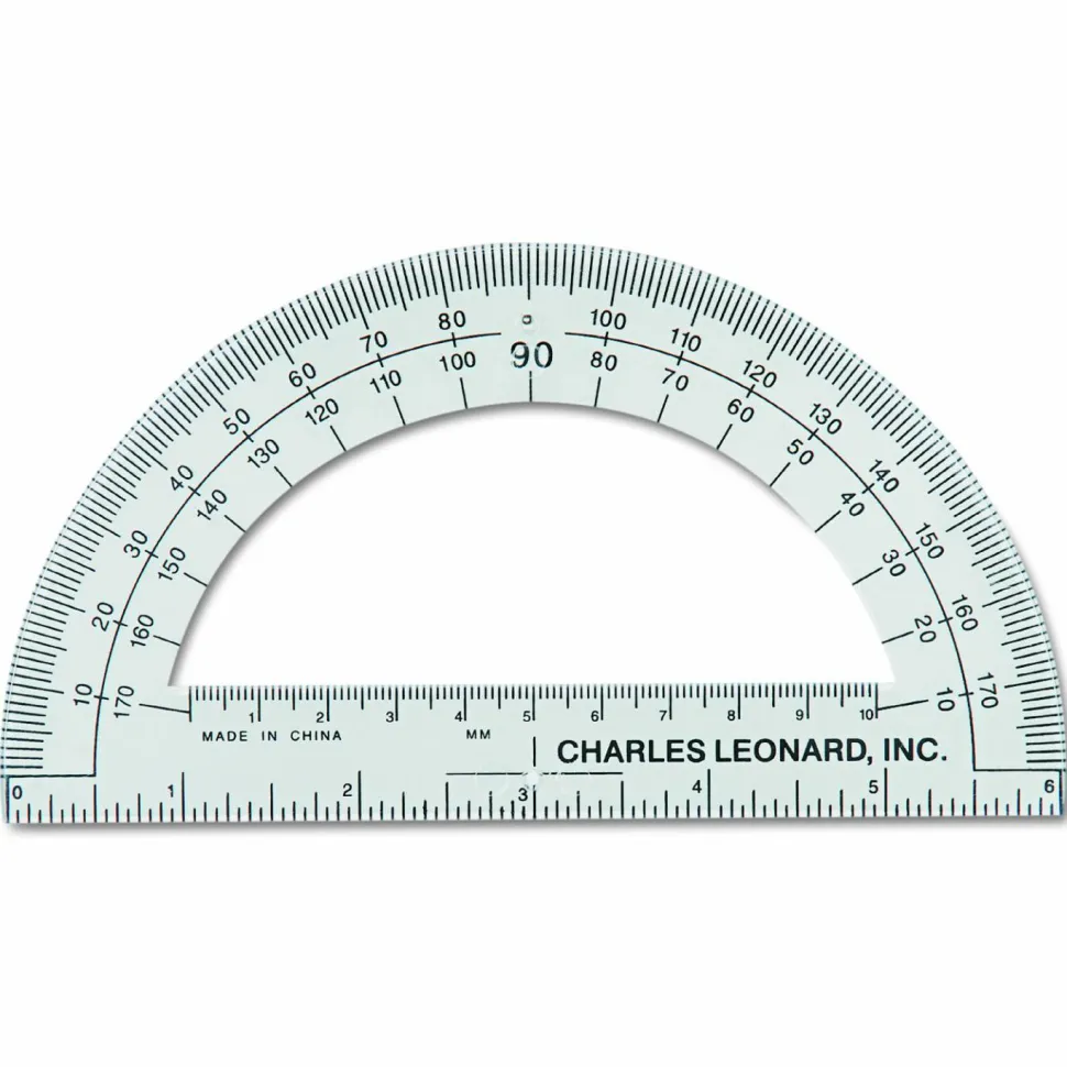 Charles Leonard Open Center Protractor, Plastic, 6" Ruler Edge, Clear, Dozen
